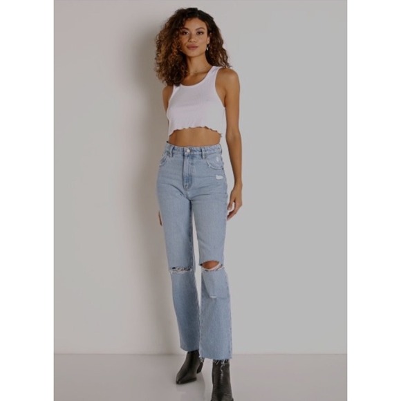 ROLLA'S Denim - Rollas Original High Rise Straight Jeans Light Wash Distressed Knee Size 28